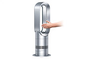 The Dyson AM09 bladeless fan heater. Safe. No fast-spinning blades or visible heating elements. AM09 automatically cuts out if tipped over.