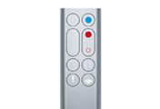 The Dyson AM09 bladeless fan heater. Remote control. With settings to adjust oscillation, temperature and airflow. Curved and magnetized to store neatly on the machine.
