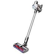 Front view of the Dyson V6 cordless vacuum cleaner. Iron colour with white two-tier cyclone pack.