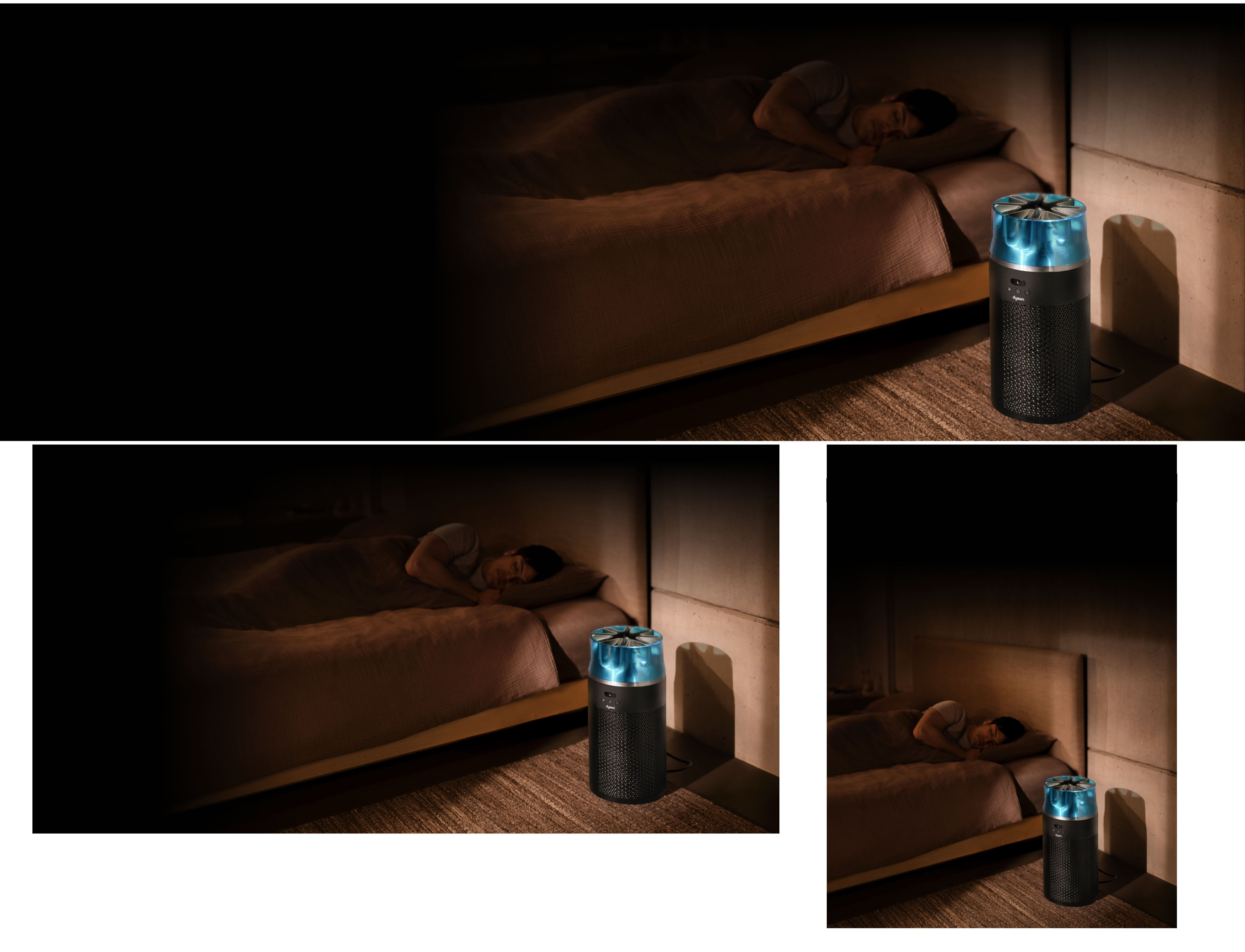 The Dyson HushJet Compact Purifier operates in a bedroom next to a sleeping person. A graph shows air quality over time.