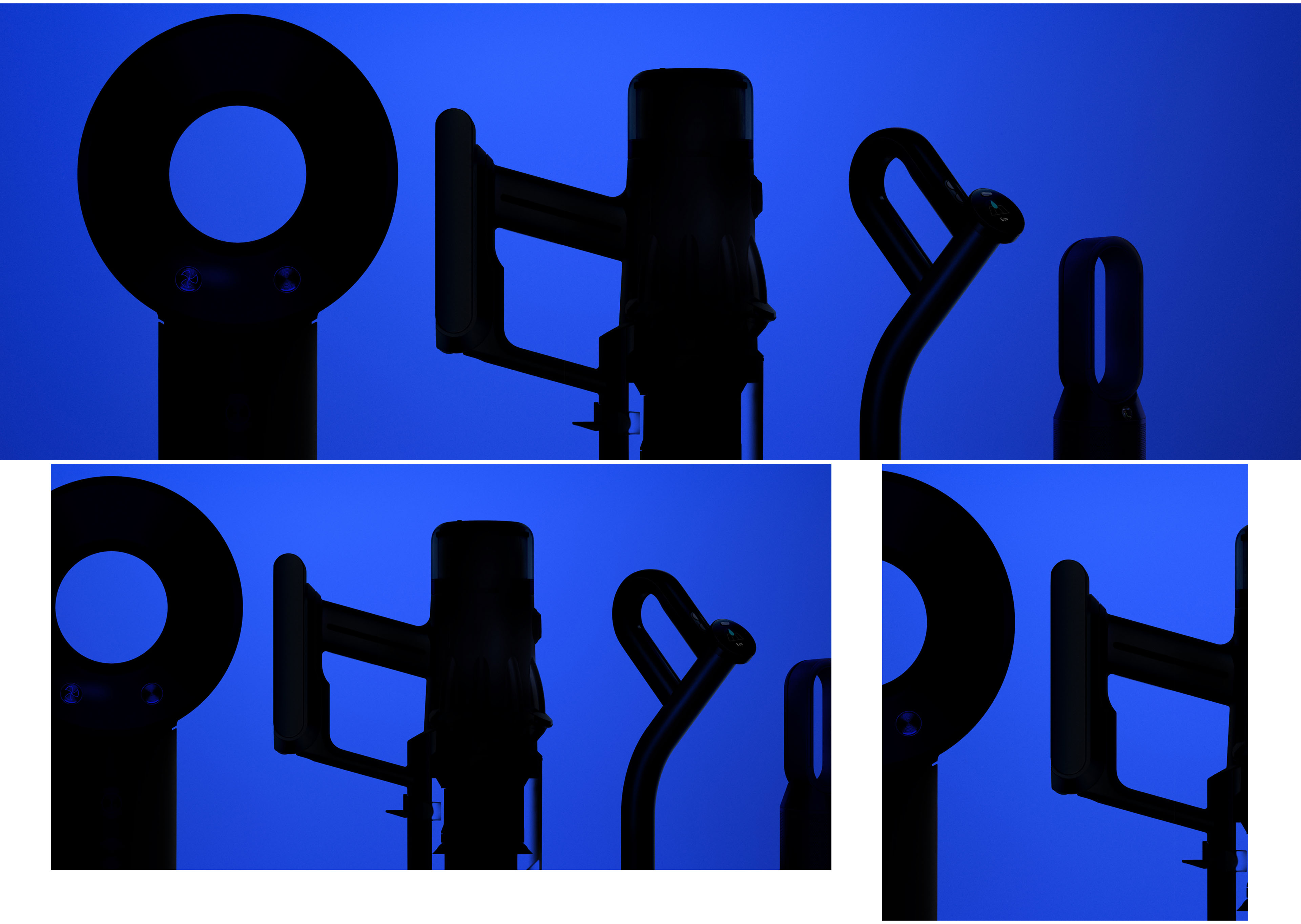 Silhouettes of Dyson products against a blue background.